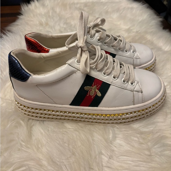 Gucci Women’s White Leather Rhinestone Platform Sneakers Size 39 US 9 - Picture 2 of 11